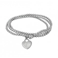 Elastic 3mm Ball Bead Bracelet with Heart Charm, Sterling Silver