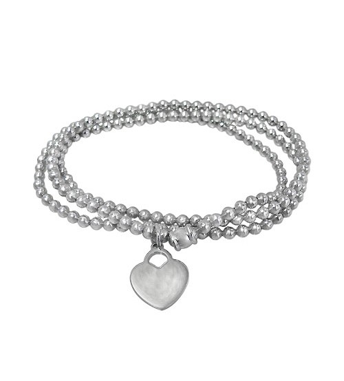 Elastic 3mm Ball Bead Bracelet with Heart Charm, Sterling Silver