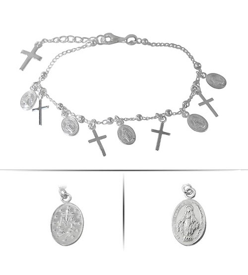 Miraculous Medal & Cross Charm Bracelet, Sterling Silver