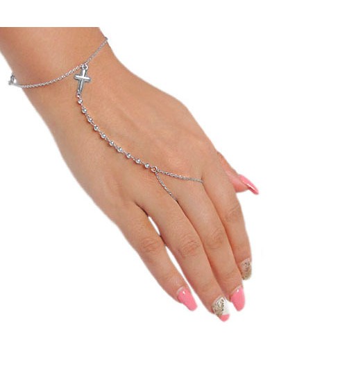 Slave Bracelet & Ring with Cross Charm, Sterling Silver