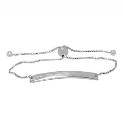 Curved Rectangular ID Bracelet with 7mm Beads, Sterling Silver