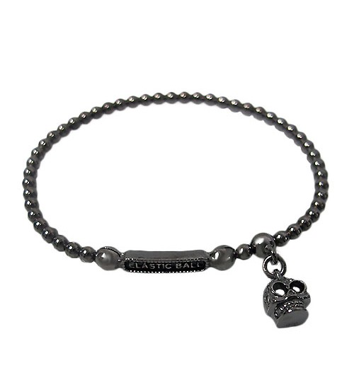 Elastic 3mm Ball Bead Bracelet with Skull Charm, Sterling Silver