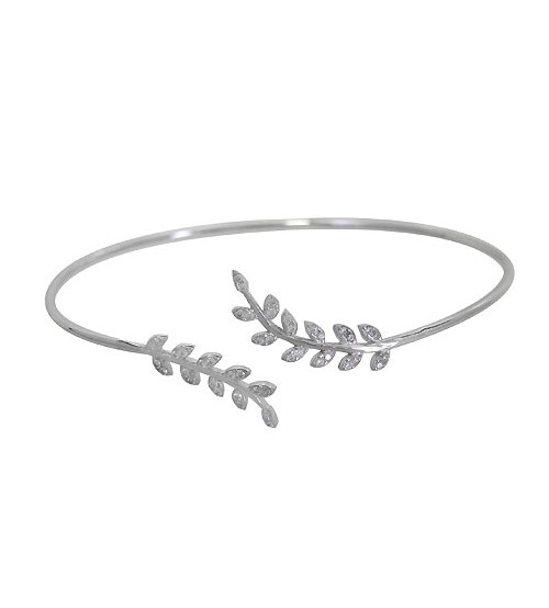 Cubic Zirconia Leaf Open Cuff Bracelet, Sterling Silver