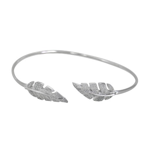 Cubic Zirconia Leaf Open Cuff Bracelet, Sterling Silver