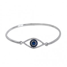 Cubic Zirconia Evil Eye Charm Bracelet Cuff, Sterling Silver