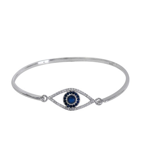 Cubic Zirconia Evil Eye Charm Bracelet Cuff, Sterling Silver