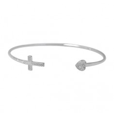 Cross & Heart Cubic Zirconia Wire Bracelet, Sterling Silver