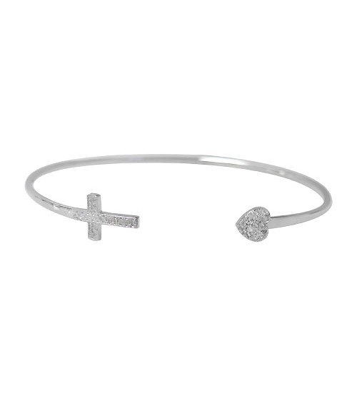 Cross & Heart Cubic Zirconia Wire Bracelet, Sterling Silver