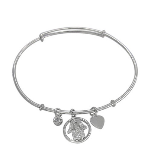 Cubic Zirconia Adjustable Hamsa Bracelet, Sterling Silver