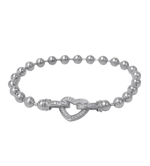 Round Bead Cubic Zirconia Heart Bracelet, Sterling Silver