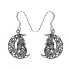Wolf & Cresent Moon Dangle Earring, Sterling Silver