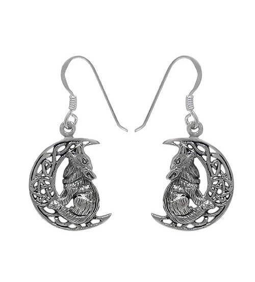 Wolf & Cresent Moon Dangle Earring, Sterling Silver