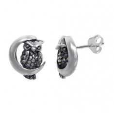 Owl & Cresent Moon Stud Earring, Sterling Silver