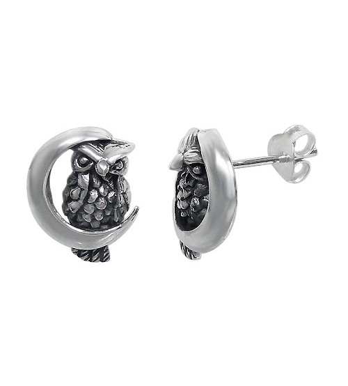 Owl & Cresent Moon Stud Earring, Sterling Silver