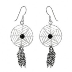 Black Dream Catcher Dangle Earrings, Sterling Silver