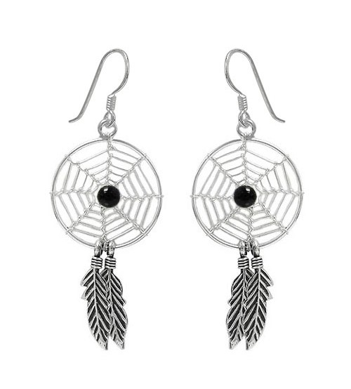 Black Dream Catcher Dangle Earrings, Sterling Silver