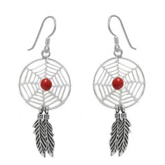 Red Dream Catcher Dangle Earrings, Sterling Silver