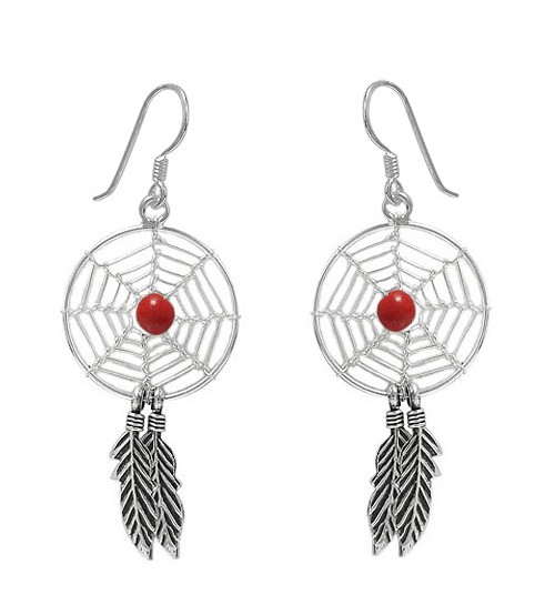 Red Dream Catcher Dangle Earrings, Sterling Silver