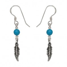 Feather & Turquoise Bead Dangle Earrings, Sterling Silver