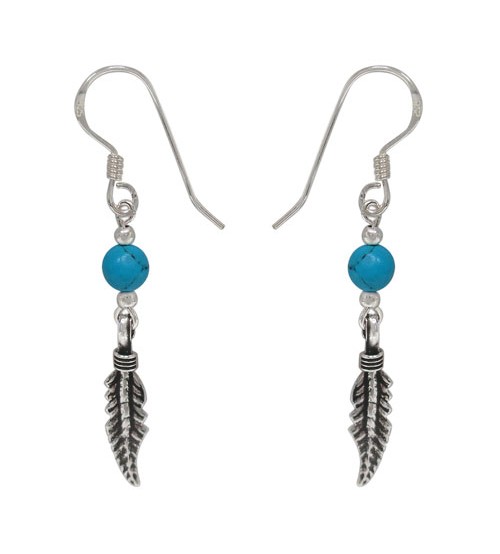 Feather & Turquoise Bead Dangle Earrings, Sterling Silver