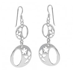 Round Flower Dangle Earrings, Sterling Silver