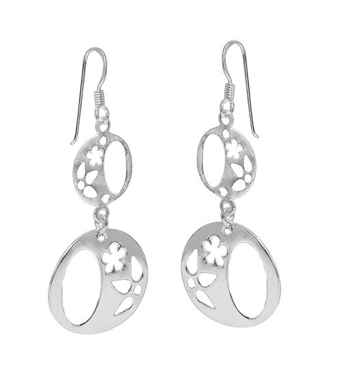 Round Flower Dangle Earrings, Sterling Silver