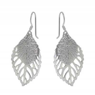 Double Leaf Dangle Earrings, Sterling Silver