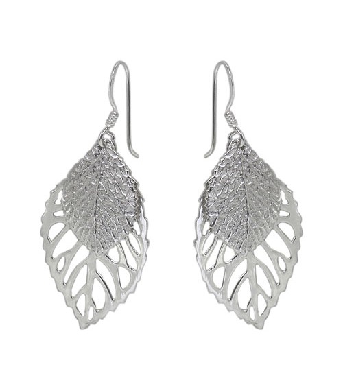 Double Leaf Dangle Earrings, Sterling Silver