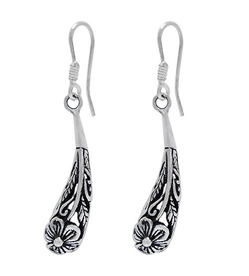 Teardrop Flower Dangle Earrings, Sterling Silver