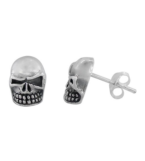 Skull Head Stud Earrings, Sterling Silver
