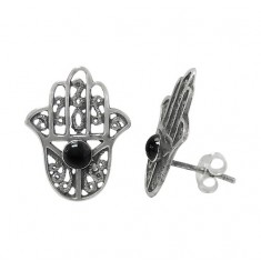 Black Evil Eye & Hamsa Stud Earrings, Sterling Silver