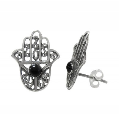 Black Evil Eye & Hamsa Stud Earrings, Sterling Silver