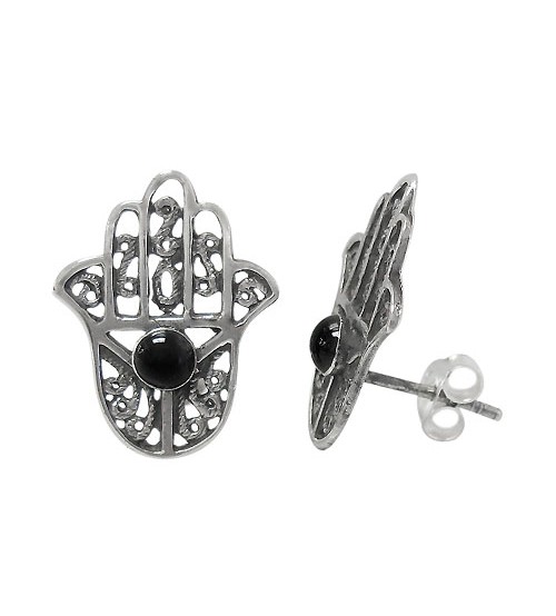 Black Evil Eye & Hamsa Stud Earrings, Sterling Silver