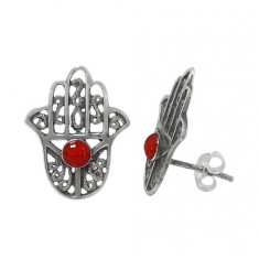 Red Evil Eye & Hamsa Stud Earrings, Sterling Silver