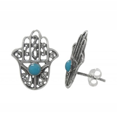 Blue Evil Eye & Hamsa Stud Earrings, Sterling Silver