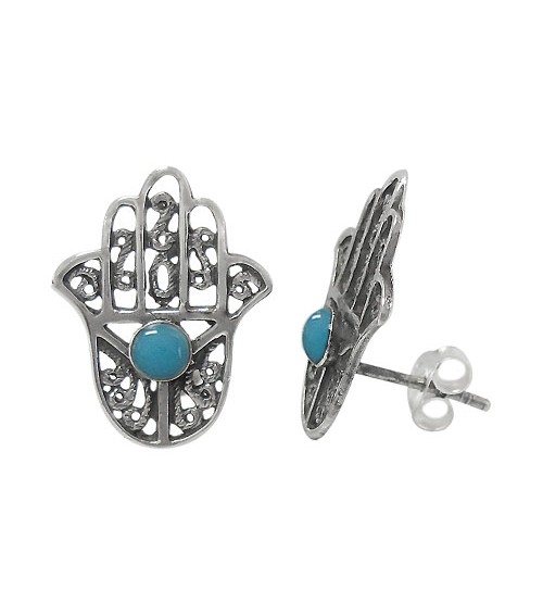 Blue Evil Eye & Hamsa Stud Earrings, Sterling Silver