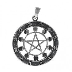 Zodiac & Moon Wheel Pendant, Sterling Silver