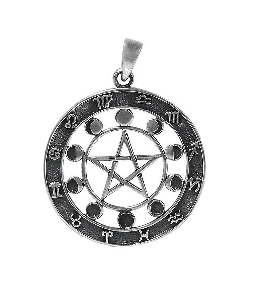 Zodiac & Moon Wheel Pendant, Sterling Silver