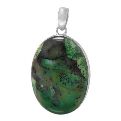 Oval Green Agate Pendant, Sterling Silver