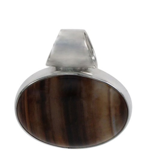 Oval Brown Banded Agate Pendant, Sterling Silver