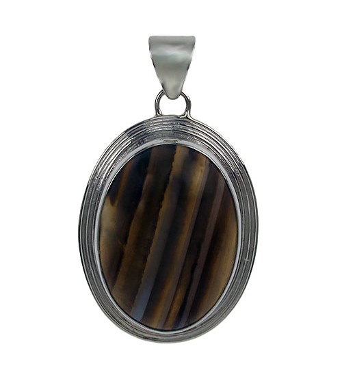 Oval Brown Banded Agate Pendant, Sterling Silver