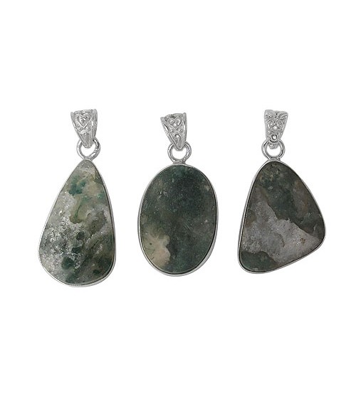 Free Form Moss Agate Pendant, Sterling Silver