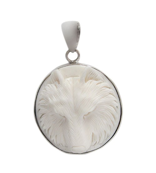 Round Wolf Bone Pendant, Sterling Silver