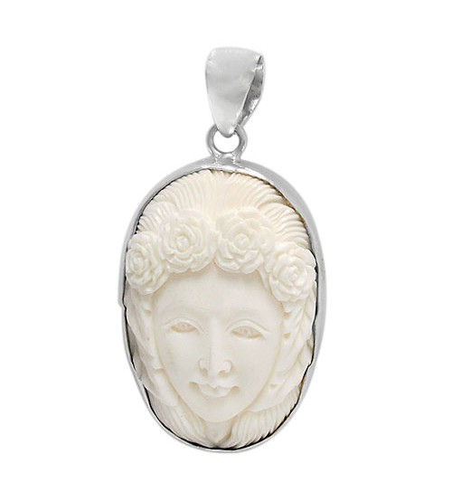 Female Portrait Bone Pendant, Sterling Silver