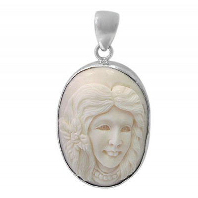 Female Portrait Bone Pendant, Sterling Silver