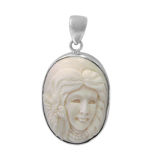 Female Portrait Bone Pendant, Sterling Silver