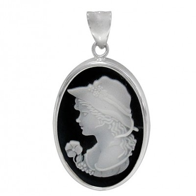 Cameo Black Agate Pendant, Sterling Silver
