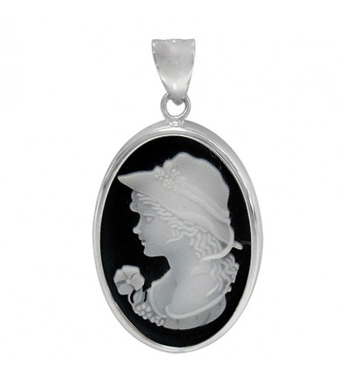 Cameo Black Agate Pendant, Sterling Silver