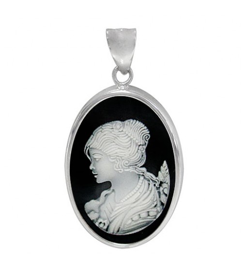 Cameo Black Agate Pendant, Sterling Silver