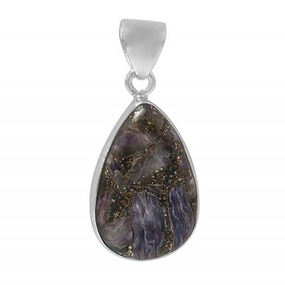 Teardrop Copper & Charoite Pendant, Sterling Silver